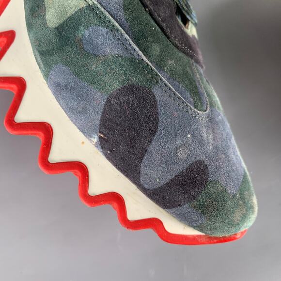 CHRISTIAN LOUBOUTIN Size 12 Green Blue Camouflage Suede Red Sole Sneakers - Picture 8 of 11